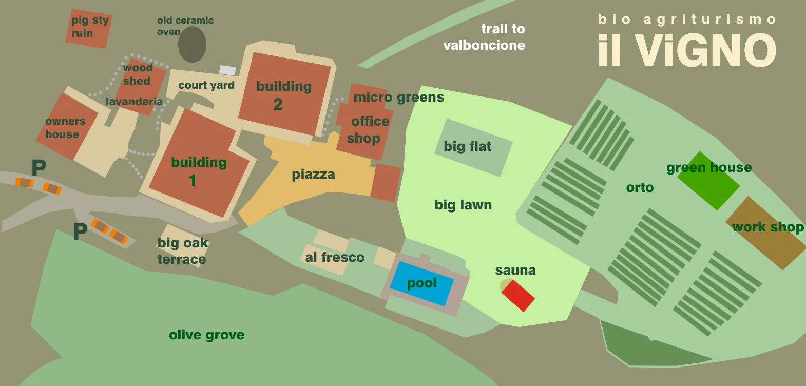Detailed map of Il Vigno farm buildings and facilities — pool, sauna, terrace, orto and guest areas