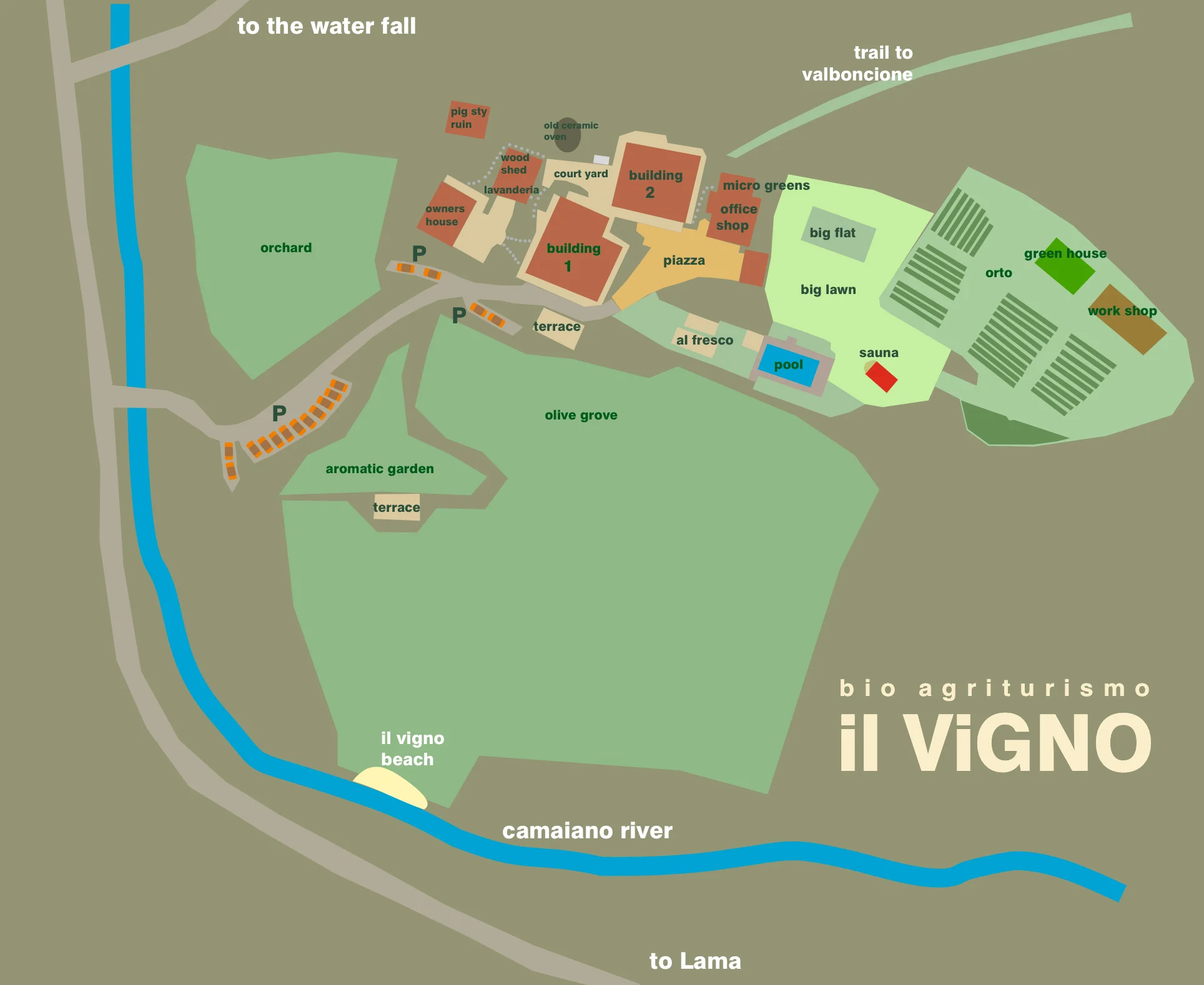 Overview map of Il Vigno agriturismo — full grounds including river, beach, olive grove and walking trails